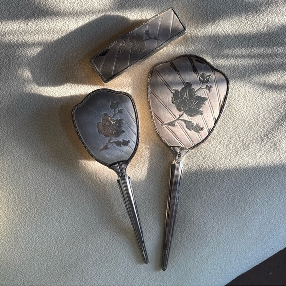 Vintage Accessories - Vintage Silver-Tone Floral Hand Mirror & Brush Set